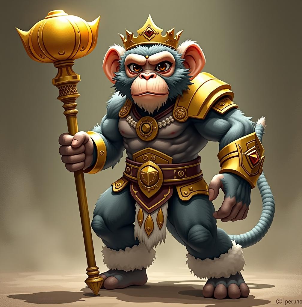  a strong, muscular monkey like figure, exuding raw power. wears a golden crown, armor, and cloud walking boots, showcasing his royal aura. sharp, intelligent eyes filled with determination and defiance. always carries the golden cudgel, which shines with ancient runes and light. might have battle scars, showing his resilience and toughness.