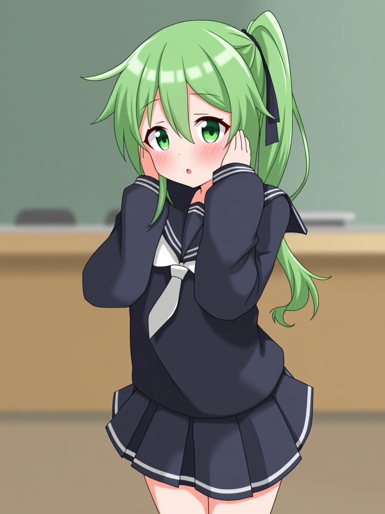  1girl,whole body,green hair,ponytail hair,(((black sailor suit))),(((blushing:1.2))),(((hiding shyness:1.5))),milky effect,(((upset face:1.3))),face up focus:1.5,(((in the classroom)))