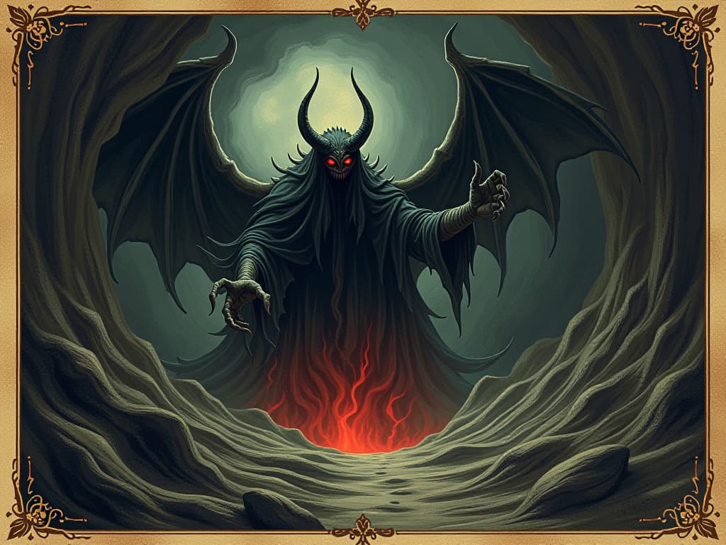  ancient demonic force emerging from a dark portal, tendrils extending, glowing red eyes, darkness swirling, the atmosphere of fear and dread. an illustration in the style of a worn, mystical old tarot trump card, mysterious and elements of surrealism. the colors are muted, somber and eerie, but with contrast bring out an occult and esoteric vibe.