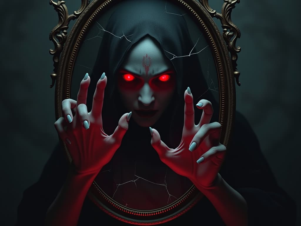  a cracked mirror reflecting the haunted face of a ghostly apparition, phantom hands reaching out from the mirror, sorrowful eyes, misty and cold ambiance.. the style is dark fantasy and mysterious occult, symbolic, moody lighting, esoteric vibe,high detail on character design. for the color scheme emphasize blacks and reds.