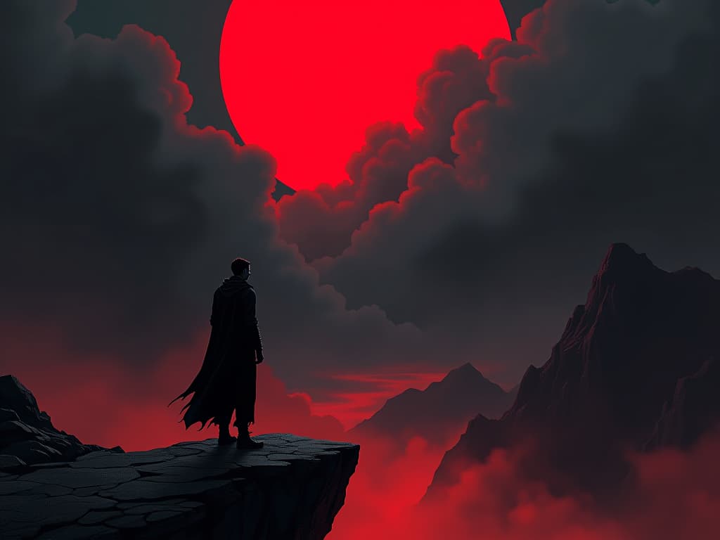  figure in red, standing at edge of abyss, questioning expression, dark clouds gathering, feeling of lingering uncertainty. the style is digital art illustration / modern comic book / graphic dark novel fantasy and mysterious occult, symbolic, moody lighting, esoteric vibe,high detail on character design. for the color scheme emphasize blacks and reds.