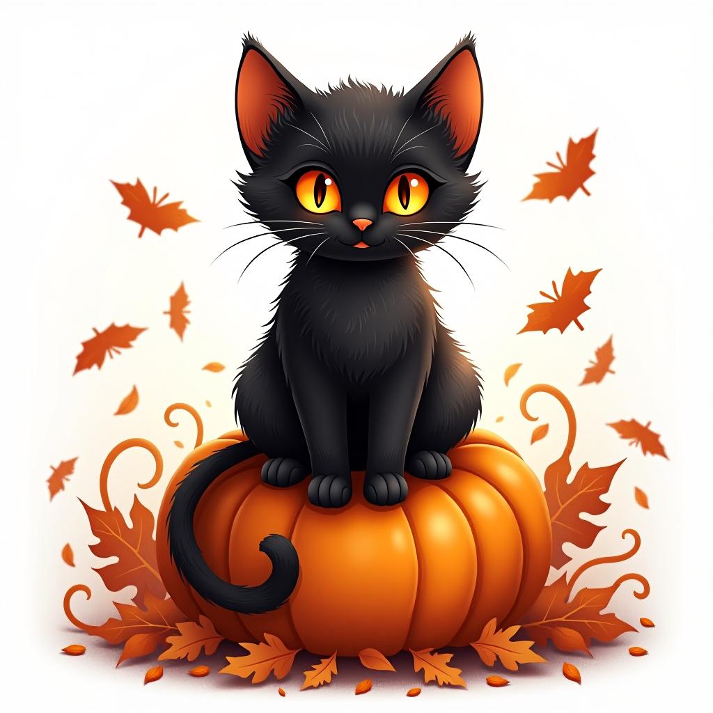  a cute black cat with glowing eyes sitting on a pumpkin, surrounded by swirling autumn leaves in a whimsical style, with warm, moody lighting. t shirt design, vector, contour, white background, no mockup hyperrealistic, full body, detailed clothing, highly detailed, cinematic lighting, stunningly beautiful, intricate, sharp focus, f/1. 8, 85mm, (centered image composition), (professionally color graded), ((bright soft diffused light)), volumetric fog, trending on instagram, trending on tumblr, HDR 4K, 8K