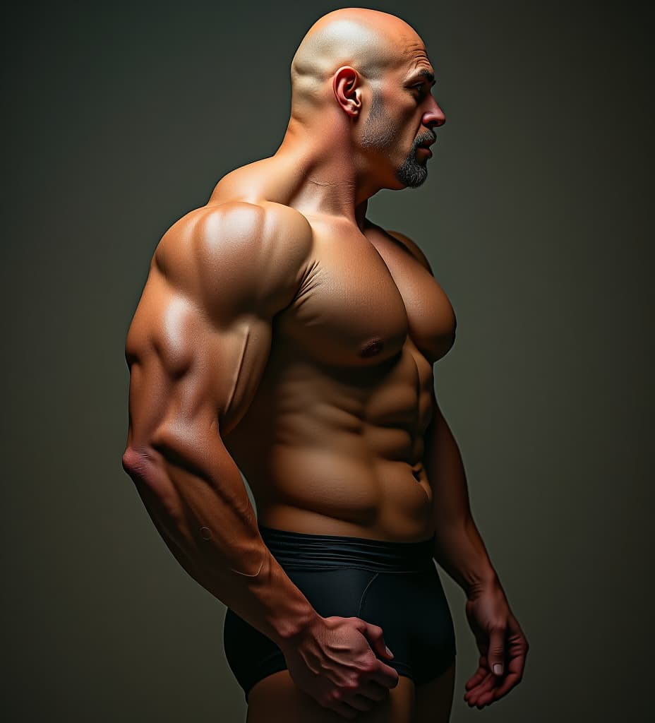  realistic photo of the profile muscular bald man 50 years with huge pecs, tight ass, dressed in tights plants short wrestling