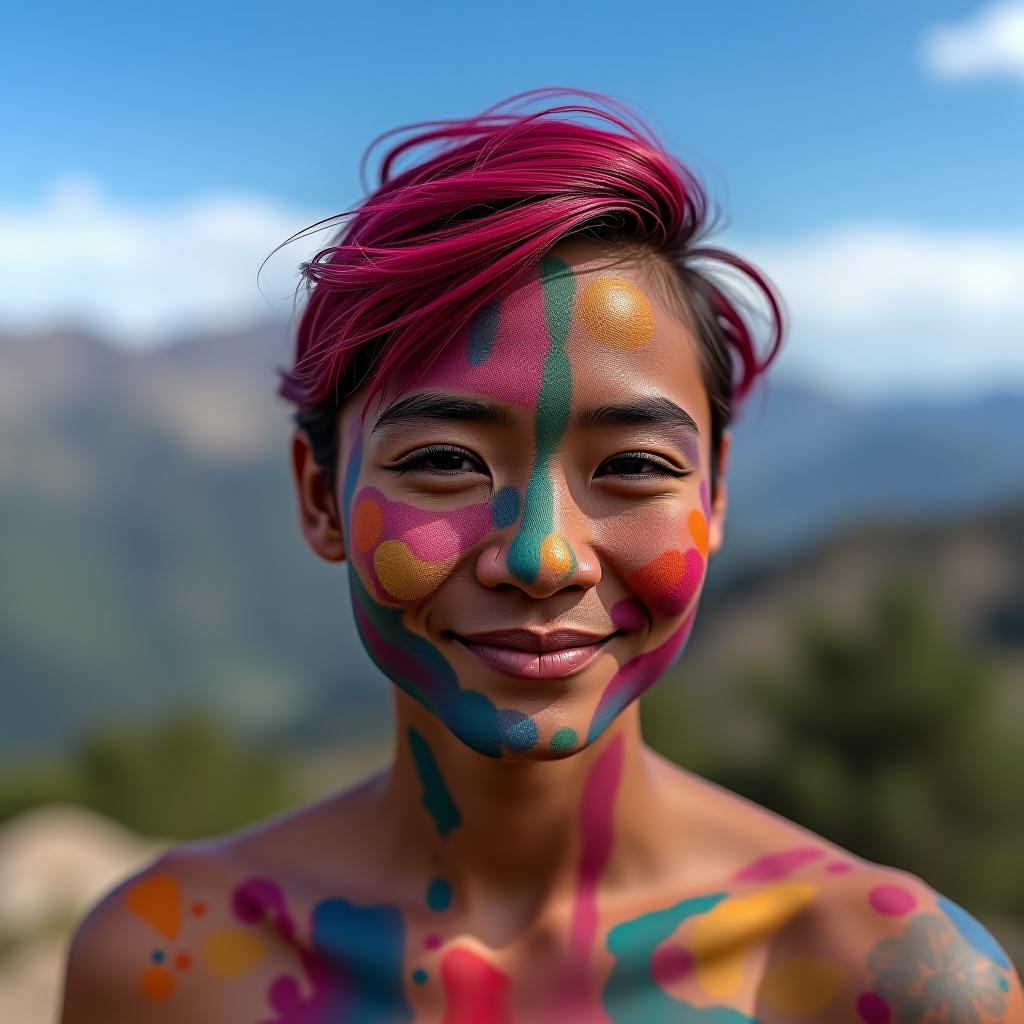  pigments for face tattooing against the backdrop of mountains.