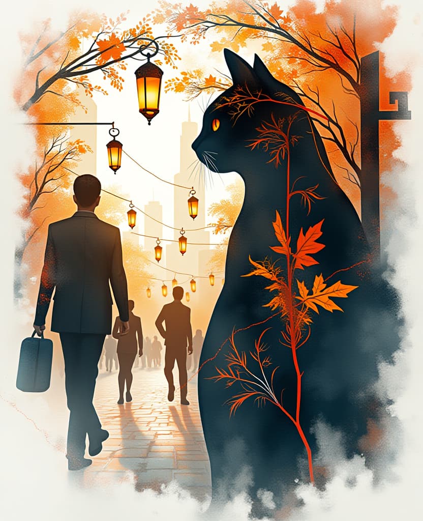  art deco style image with (double exposure: 1,4). watercolor, alcohol ink. monotype effect. image of an autumn city with lanterns, thin tree branches and bright foliage through the silhouette of a huge cat on a white background. visual effects with splashes of cecile style and appeal. elegant minimalism. art nouveau, art deco, elements of linear ornamentation, curls. in the manner of peter sokolov's watercolors and greg craola smkins' contours. blurring, light colors, blurred edges. high quality, hd . geometric shapes, bold colors, luxurious, elegant, decorative, symmetrical, ornate, detailed