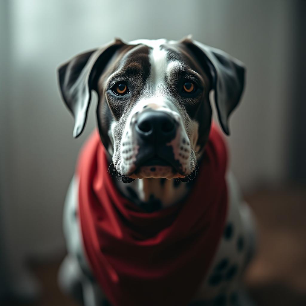  american pitbull with dalmatian color hyperrealistic, full body, detailed clothing, highly detailed, cinematic lighting, stunningly beautiful, intricate, sharp focus, f/1. 8, 85mm, (centered image composition), (professionally color graded), ((bright soft diffused light)), volumetric fog, trending on instagram, trending on tumblr, HDR 4K, 8K