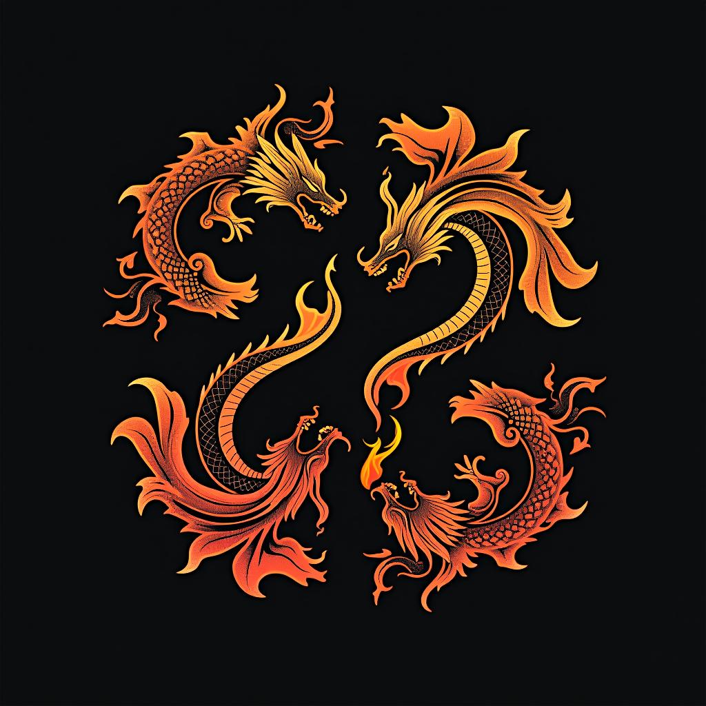  design a logo, design de sticker personnalisé sur un fond noir isolé décoré de dragons mythiques et d'une épée enflammée