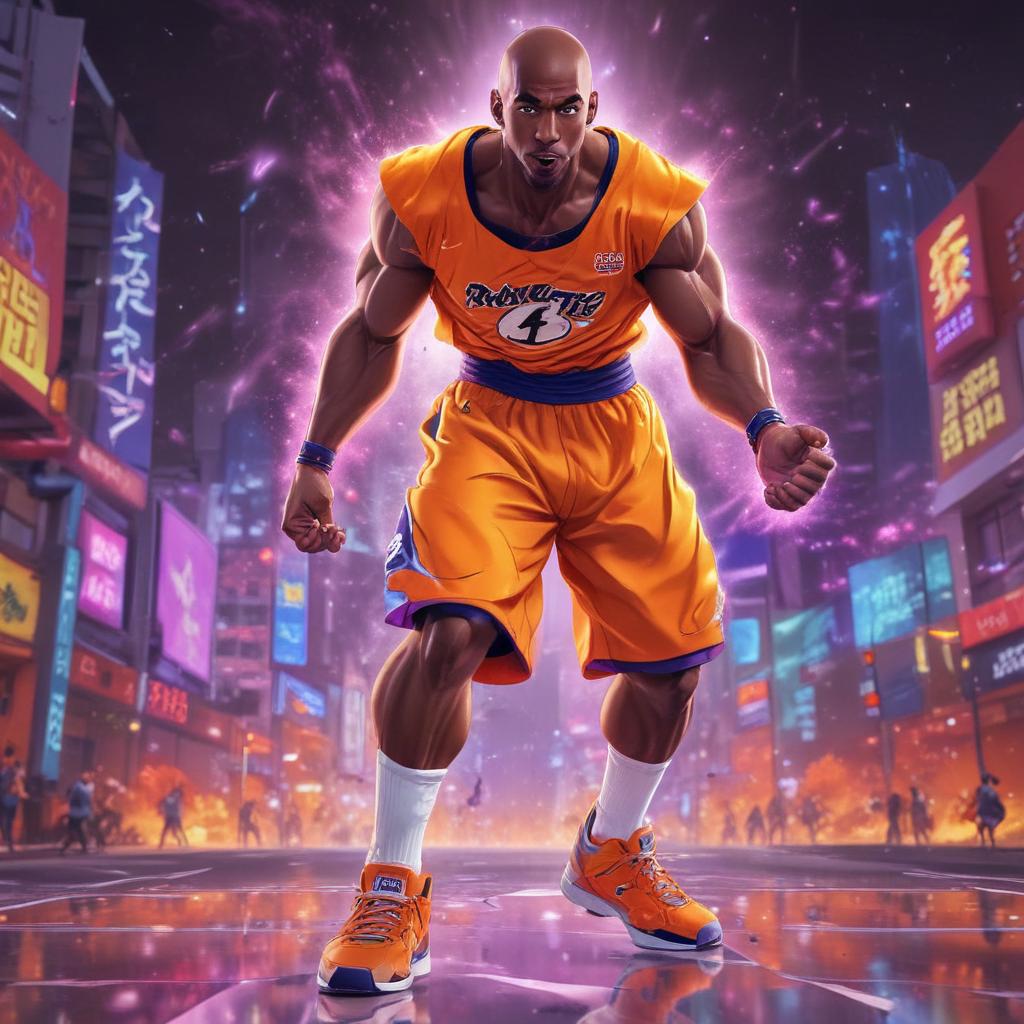 distance-shot, flashy, full-body, dynamic, holographic, animated cartoon poster of kobe scene in the style of dragon ball super