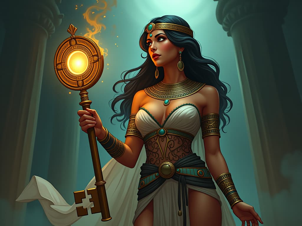  an ancient, ornate key held by a large busted goddess in a sheer gown, the key glowing with cosmic power, symbolizing entrustment with hidden knowledge, atmosphere of mystery and destiny. the style is digital art illustration / modern comic book / mysterious occult, symbolic, esoteric vibe,high detail on character design, incorporating ancient egyptian symbology and attire.