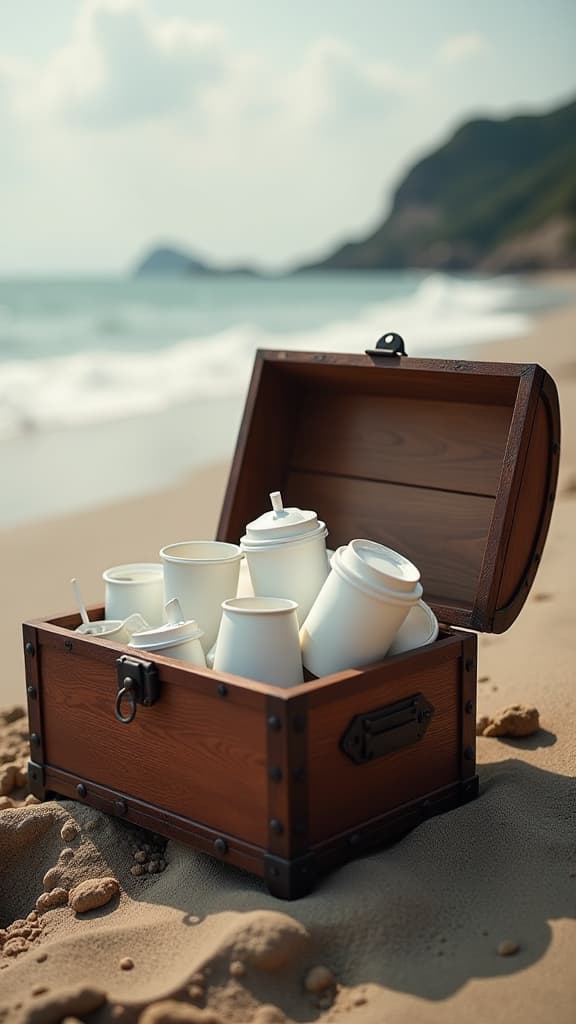  professional detailed photography, a large open chest of grandma's is on the beach and it contains many white paper coffee cups. write slow coffee ar 9:16, (muted colors, dim colors, soothing tones), (vsco:0.3)