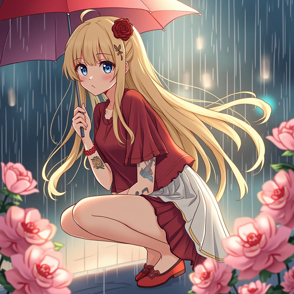  anime, 1 girl, rain, night, red blouse, red shoes, blonde hair, flowers, tattoo.