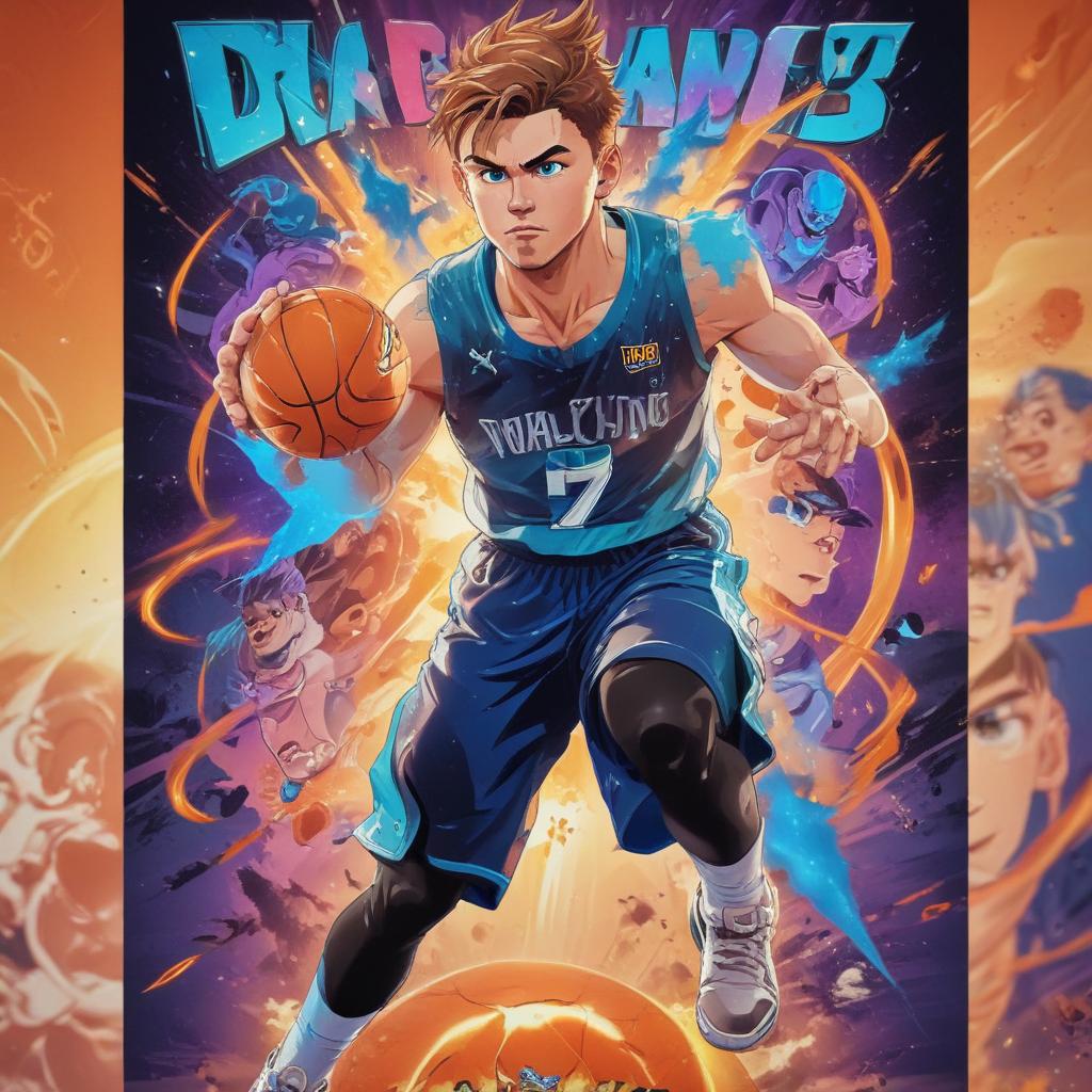 distance-shot, flashy, full-body, dynamic, holographic, animated cartoon poster of luka doncic in the style of dragon ball super