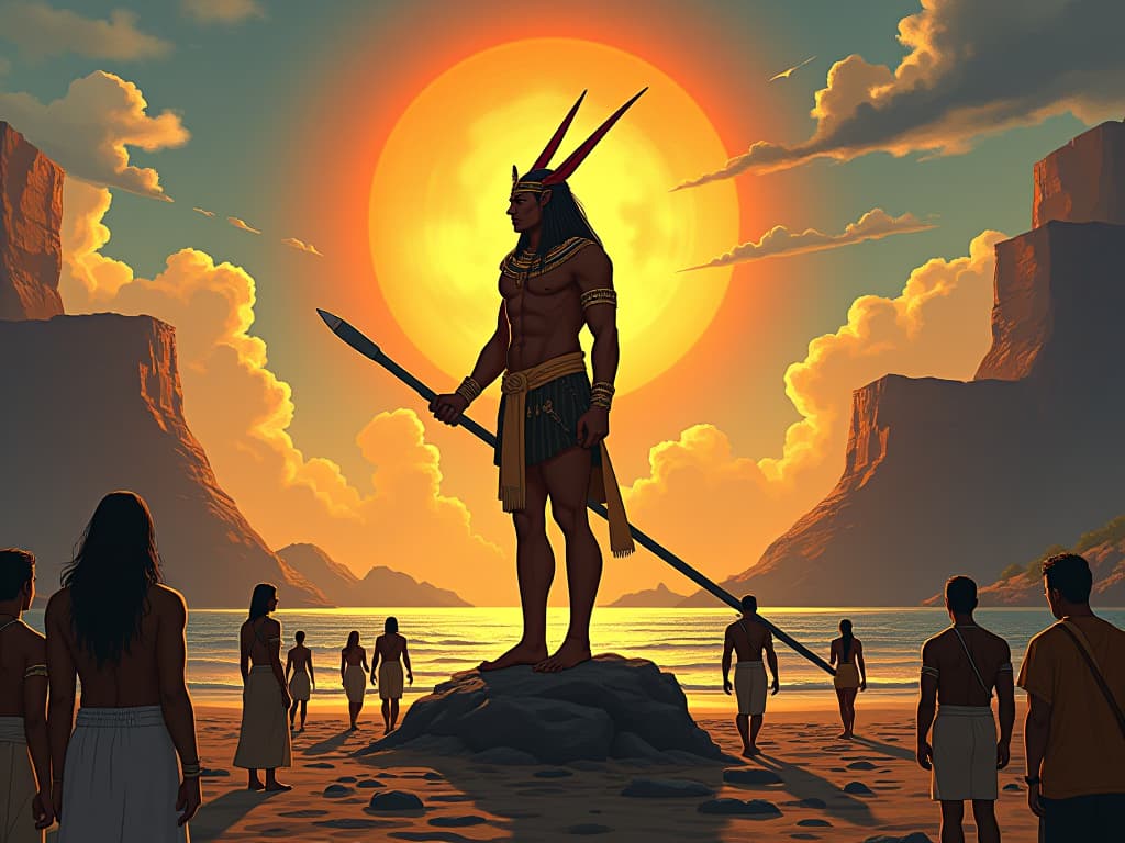  maui standing tall, the sun tethered beside him, people of ancient polynesia bustling with activities in the extended daylight, scene of communal productivity. the style is digital art illustration / modern comic book / mysterious occult, symbolic, esoteric vibe,high detail on character design, incorporating ancient egyptian symbology and attire.