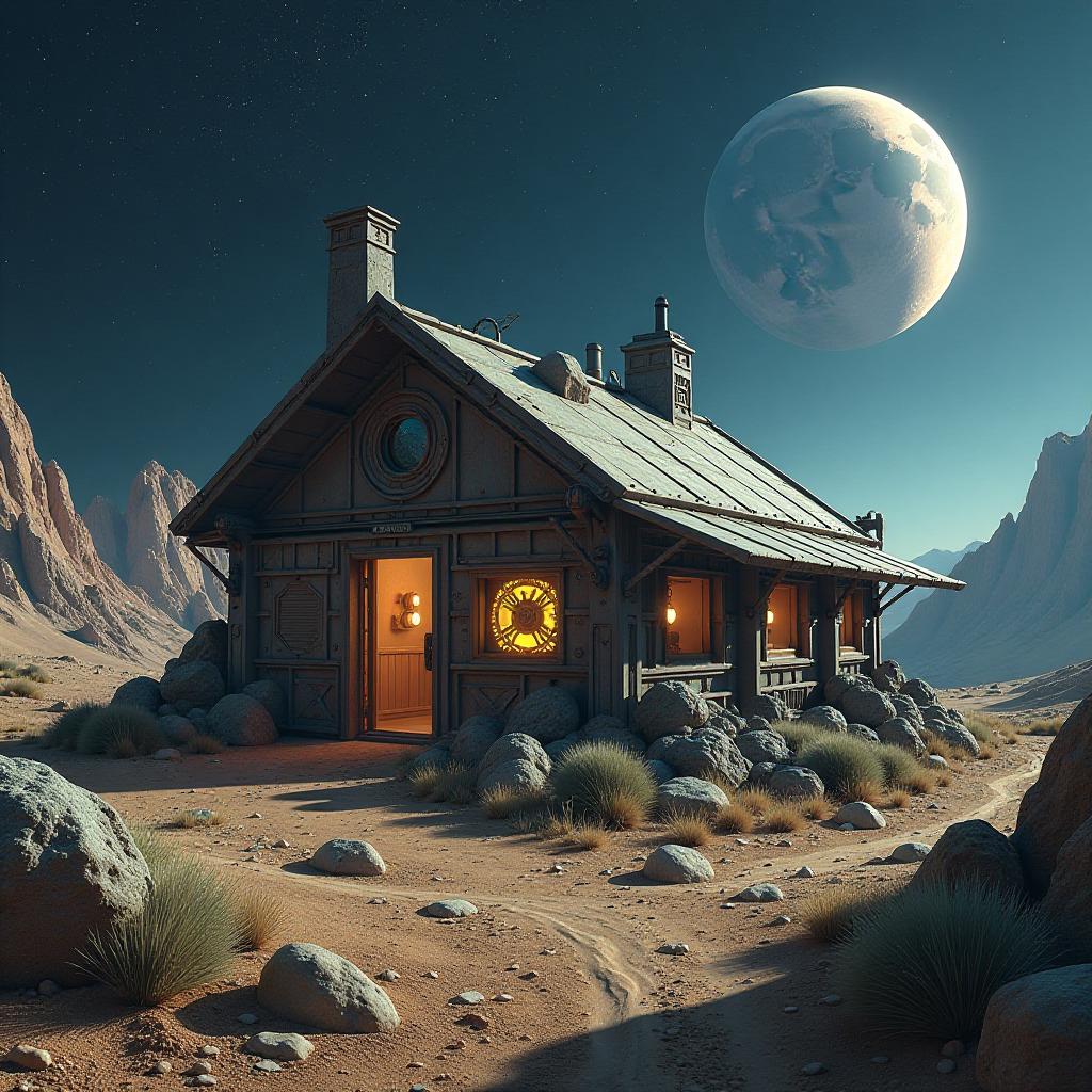  asteroid orbiting around a futuristic bionic pigsty, showcasing advanced technology seamlessly integrated into a rustic environment. the scene features sharp focus on the bionic elements, highlighting intricate details such as glowing circuits and mechanical structures alongside traditional pigsty features. a vivid backdrop of space with stars and a distant planet can be seen, enhancing the contrast between the organic and the artificial. the environment blends natural textures with high tech aesthetics, creating a surreal and imaginative landscape that captivates the viewer's imagination.