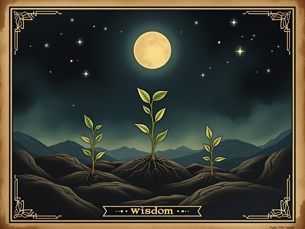  seeds planted in a dark, rich soil under starlit sky, glowing faintly, symbolizing wisdom and growth, nurturing, cosmic, enlightening. an illustration in the style of a worn, mystical old tarot trump card, mysterious and elements of surrealism. the colors are muted, somber and eerie, but with contrast bring out an occult and esoteric vibe.