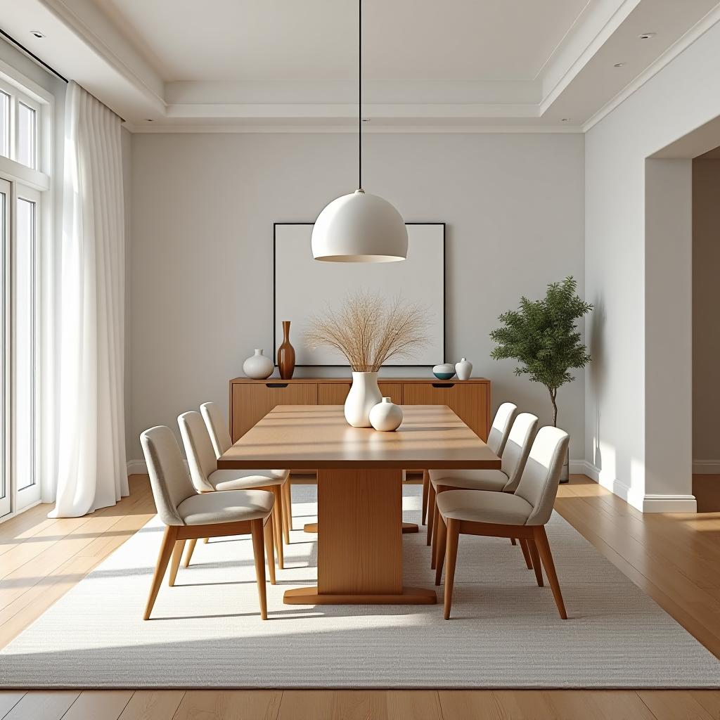  this professionally color graded, unedited 8k photograph captures a formal dining room in a stunningly beautiful and hyperrealistic manner. set in a scandinavian style home, defined by simplicity, functionality, and warm, inviting muted tones, the space features scandinavian inspired furniture and decor made from pine, with seating upholstered in abstract geometric shapes. the bright, soft, diffused light, reminiscent of snowy light, enhances the intricate details of the dense furnishings and decorations. the symmetrical balance and cowboy shot point of view focus on the furniture, showcasing the crisp, clean, nordic white color scheme (rgb: 242, 242, 242), highlighting the stunning beauty of the scene. the image is captured in hdr with a c