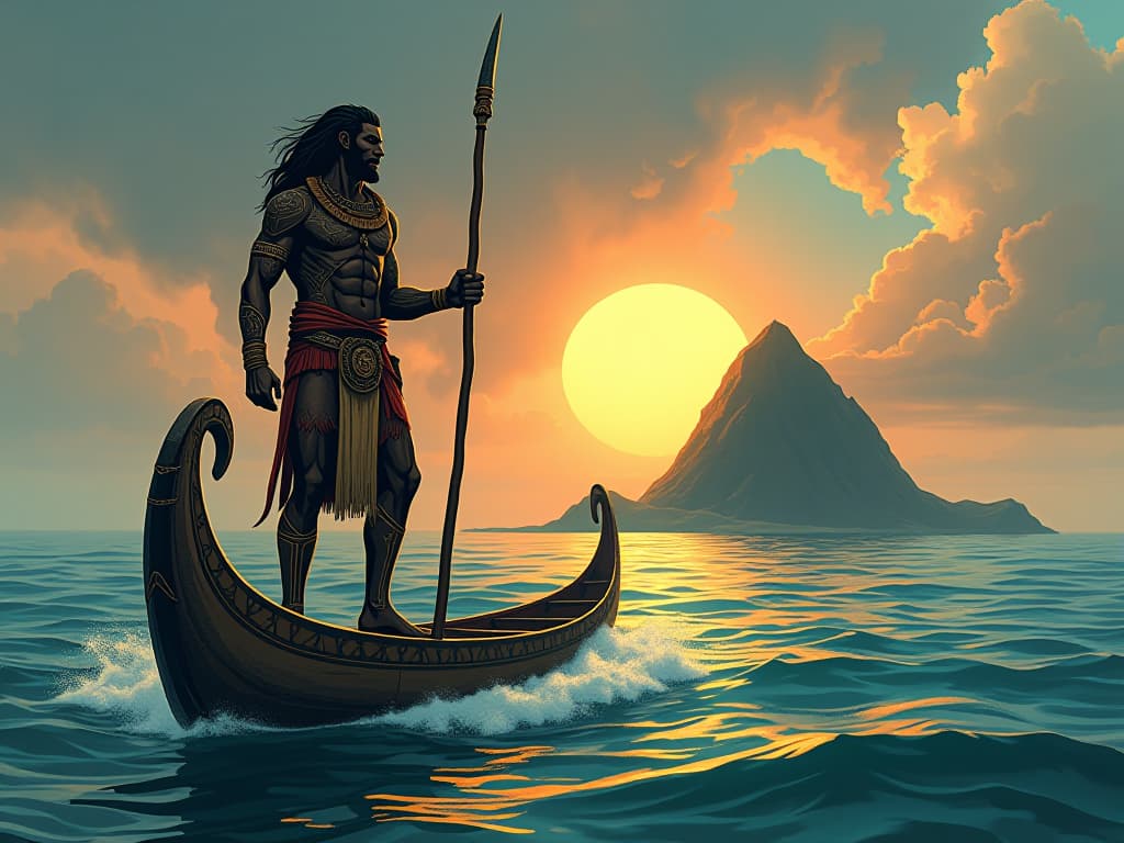  maui standing on a traditional maori canoe, fishing line extending into the sea, island emerging from the water, ancient polynesian tattoos, epic heroism. the style is digital art illustration / modern comic book / mysterious occult, symbolic, esoteric vibe,high detail on character design, incorporating ancient egyptian symbology and attire.