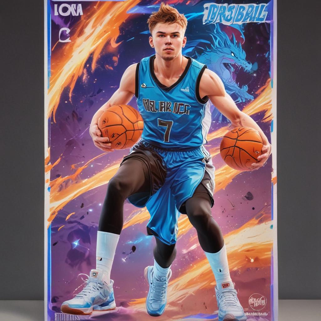 distance-shot, flashy, full-body, dynamic, holographic, animated cartoon poster of luka doncic in the style of dragon ball super