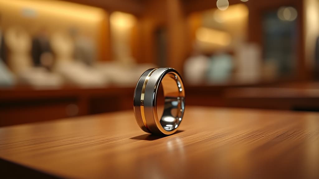  create an image with the following specifications: main subject: description: a sleek, modern men's wedding ring displayed on a polished wooden surface. style: contemporary and elegant. setting: location: a high end jewelry store display. composition: framing: close up shot focusing on the ring, with soft background blur. style: art movement: minimalism. technique: high key lighting with soft shadows. atmosphere: mood: sophisticated and romantic. color palette: dominant colors: gold, silver, warm wood tones. mood: rich and inviting. details: foreground: a single men's wedding band, combining gold and white gold in a unique design. background: blurred jewelry store interior with soft, warm lighting. technical specs: aspect ratio: 16: hyperrealistic, full body, detailed clothing, highly detailed, cinematic lighting, stunningly beautiful, intricate, sharp focus, f/1. 8, 85mm, (centered image composition), (professionally color graded), ((bright soft diffused light)), volumetric fog, trending on instagram, trending on tumblr, HDR 4K, 8K