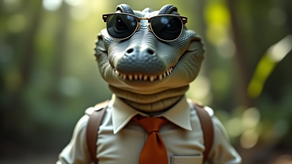  funny a mr. cute crocodile wearing sunglasses and dressed in shirt and tie, smiling, meme, humorous, on blur background,