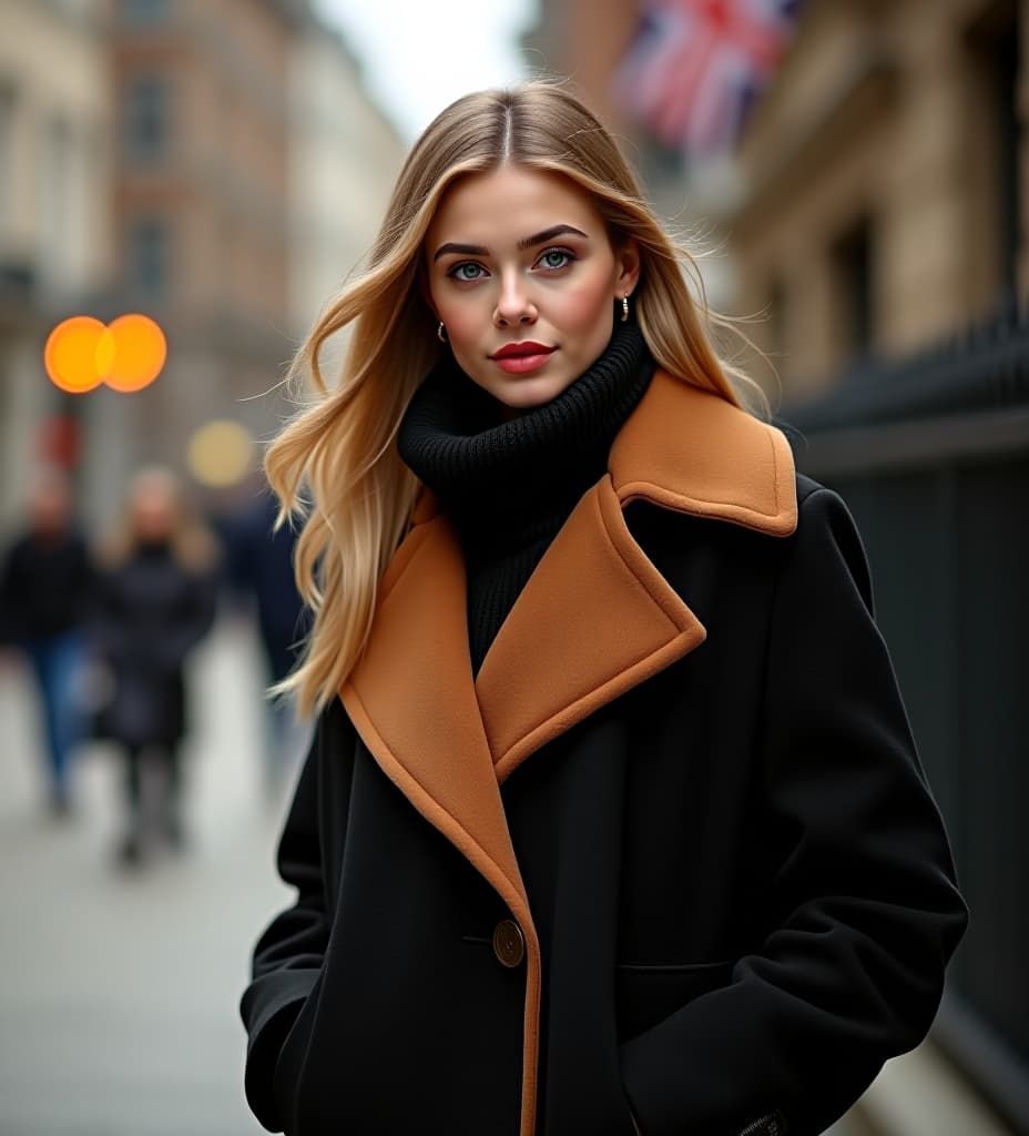  an extremely pretty british girl, she is very rich and classy, she is wearing an expensive black camel coat