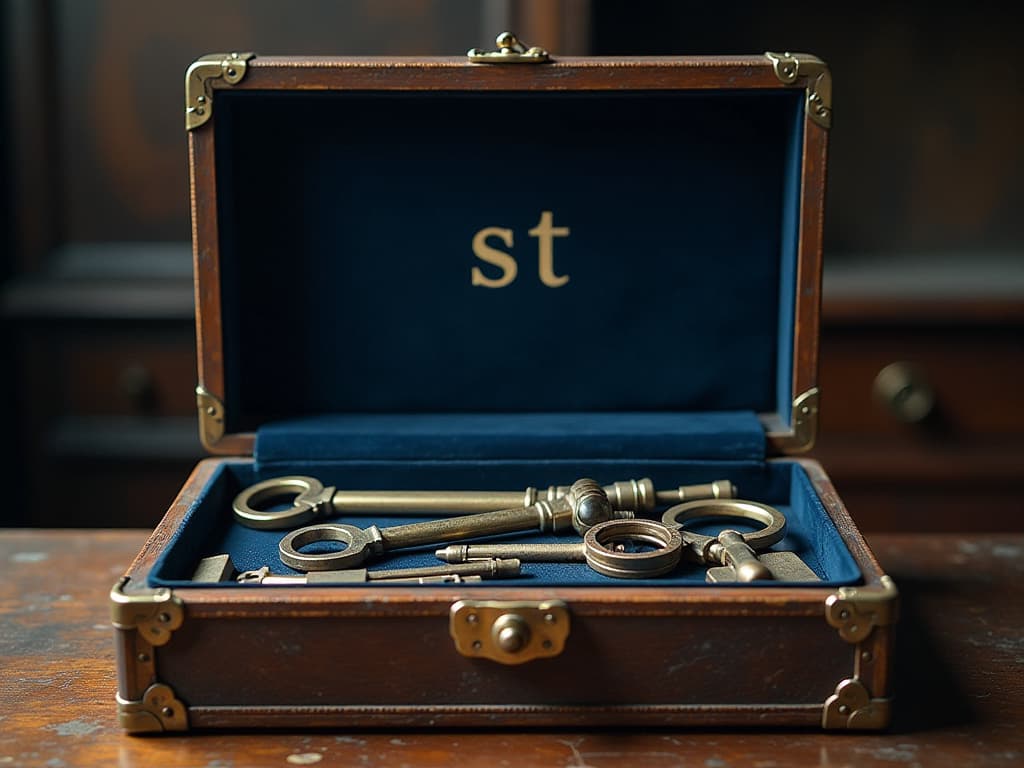  i look into a large, open, antique box with a gold edging stuffed with keys and tools. located flat, full face, right in front of my face inside a dark blue velour. on the case of the box is the "s t"