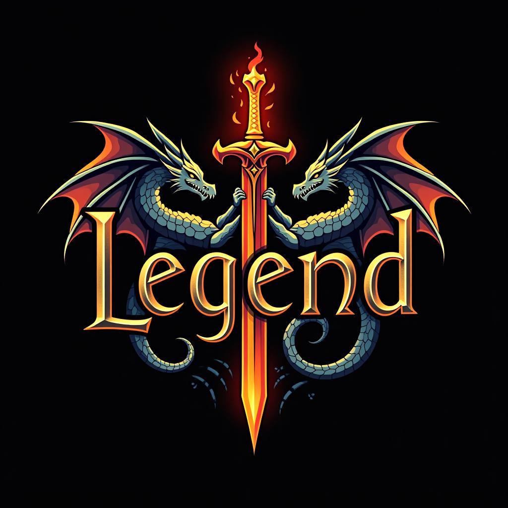  logo, custom sticker design on an isolated black background with the words ‘legend’ in bold font decorated by mythical dragons and a flaming sword