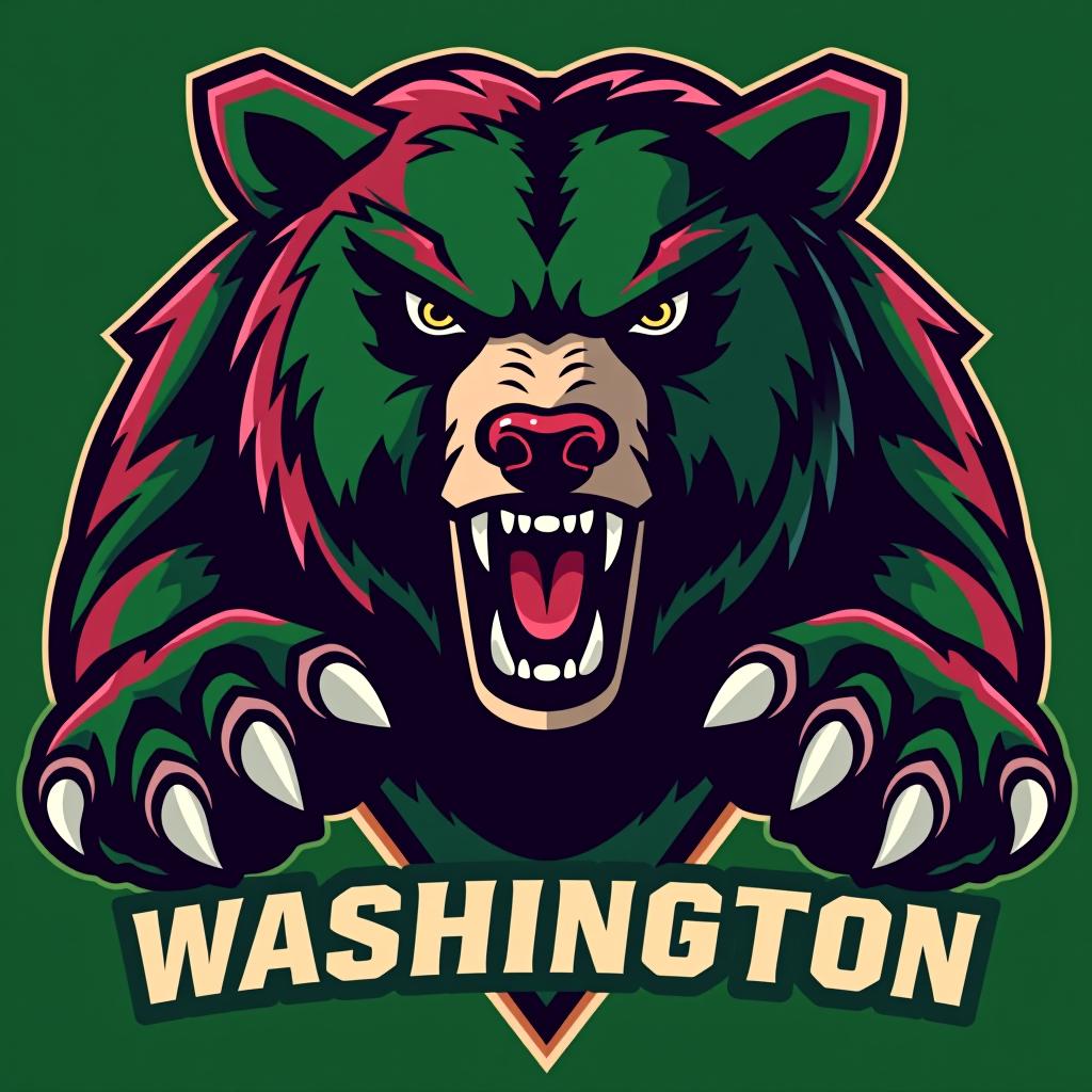  an aggressive bear with claws. make the bear maroon and green. add the text washington university, award winning, professional, highly detailed, masterpiece