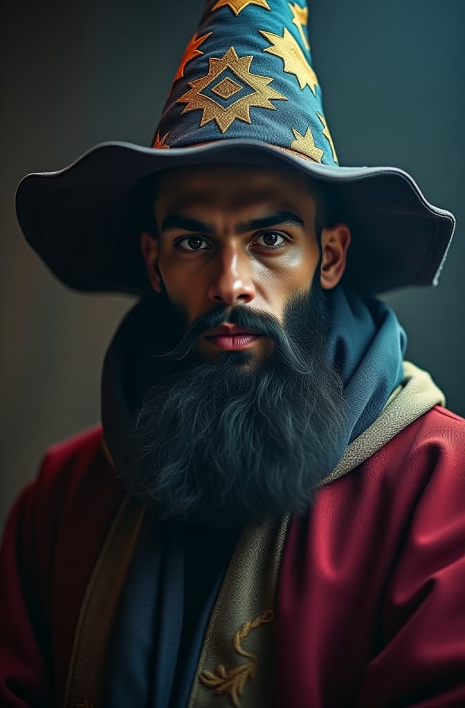  hasbulla magomedov wearing a wizard hat and a beard hyperrealistic, full body, detailed clothing, highly detailed, cinematic lighting, stunningly beautiful, intricate, sharp focus, f/1. 8, 85mm, (centered image composition), (professionally color graded), ((bright soft diffused light)), volumetric fog, trending on instagram, trending on tumblr, HDR 4K, 8K