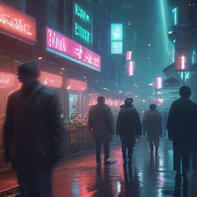 Show a bustling market in a cyberpunk city with neon lights and holograms. hyperrealistic, full body, detailed clothing, highly detailed, cinematic lighting, stunningly beautiful, intricate, sharp focus, f/1. 8, 85mm, (centered image composition), (professionally color graded), ((bright soft diffused light)), volumetric fog, trending on instagram, trending on tumblr, HDR 4K, 8K