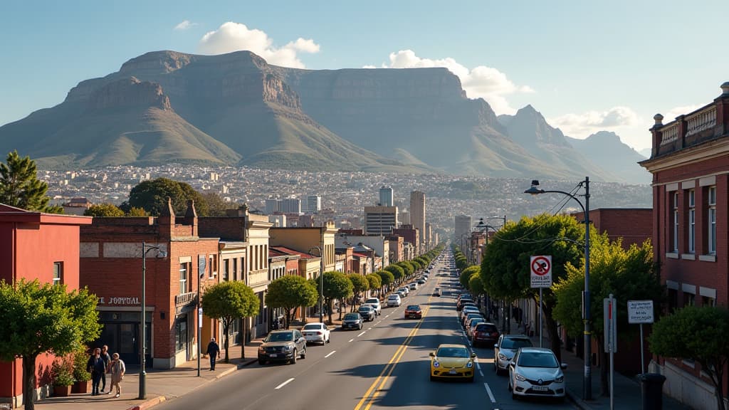  prompt: create a hyper realistic image showcasing the comparison between johannesburg and cape town in south africa. the composition should include elements reflecting the rustic charm, urban diversity, and cultural richness of both metropolises. in the foreground, depict the bustling streets of johannesburg with its modern art scene, authentic culinary diversity, and historic landmarks. show office buildings, skyscrapers, and canyons shaping the cityscape. integrate hidden treasures and cultura