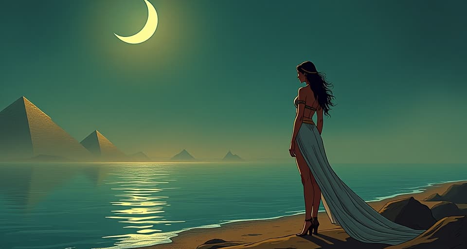  a lone female figure in tight, elegant clothing, standing on the shore of the nile under a crescent moon, a spiritual aura around her, never truly alone. the style is digital art illustration / modern comic book / mysterious occult, symbolic, esoteric vibe,high detail on character design, incorporating ancient egyptian symbology and attire.