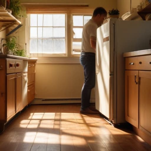 A photo of a skilled technician repairing a vintage refrigerator in a cozy kitchen during the late afternoon with warm, golden sunlight filtering through the window, casting soft shadows across the worn wooden floor.