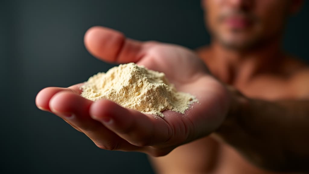  protein powder in man muscular hand shape, bodybuilding and power sport concept