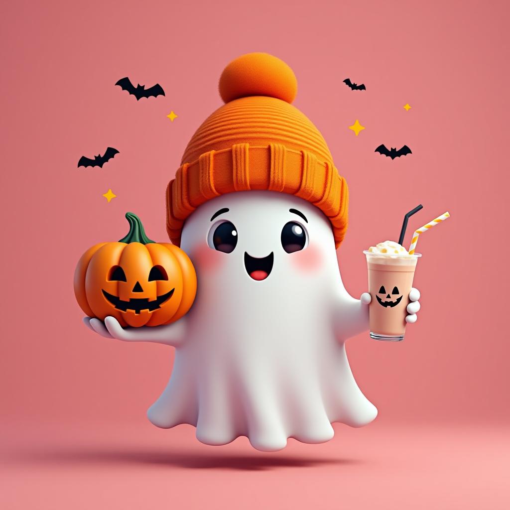  create a digital painting featuring a cute ghost character. the ghost should be wearing an orange knit beanie with a pom pom on top. in one hand, the ghost should hold a pumpkin with a carved face, and in the other hand, a halloween themed drink with a straw. the background should be pink and include small black bats and stars to add a playful halloween touch. the overall style should be cute, whimsical, and colorful hyperrealistic, full body, detailed clothing, highly detailed, cinematic lighting, stunningly beautiful, intricate, sharp focus, f/1. 8, 85mm, (centered image composition), (professionally color graded), ((bright soft diffused light)), volumetric fog, trending on instagram, trending on tumblr, HDR 4K, 8K