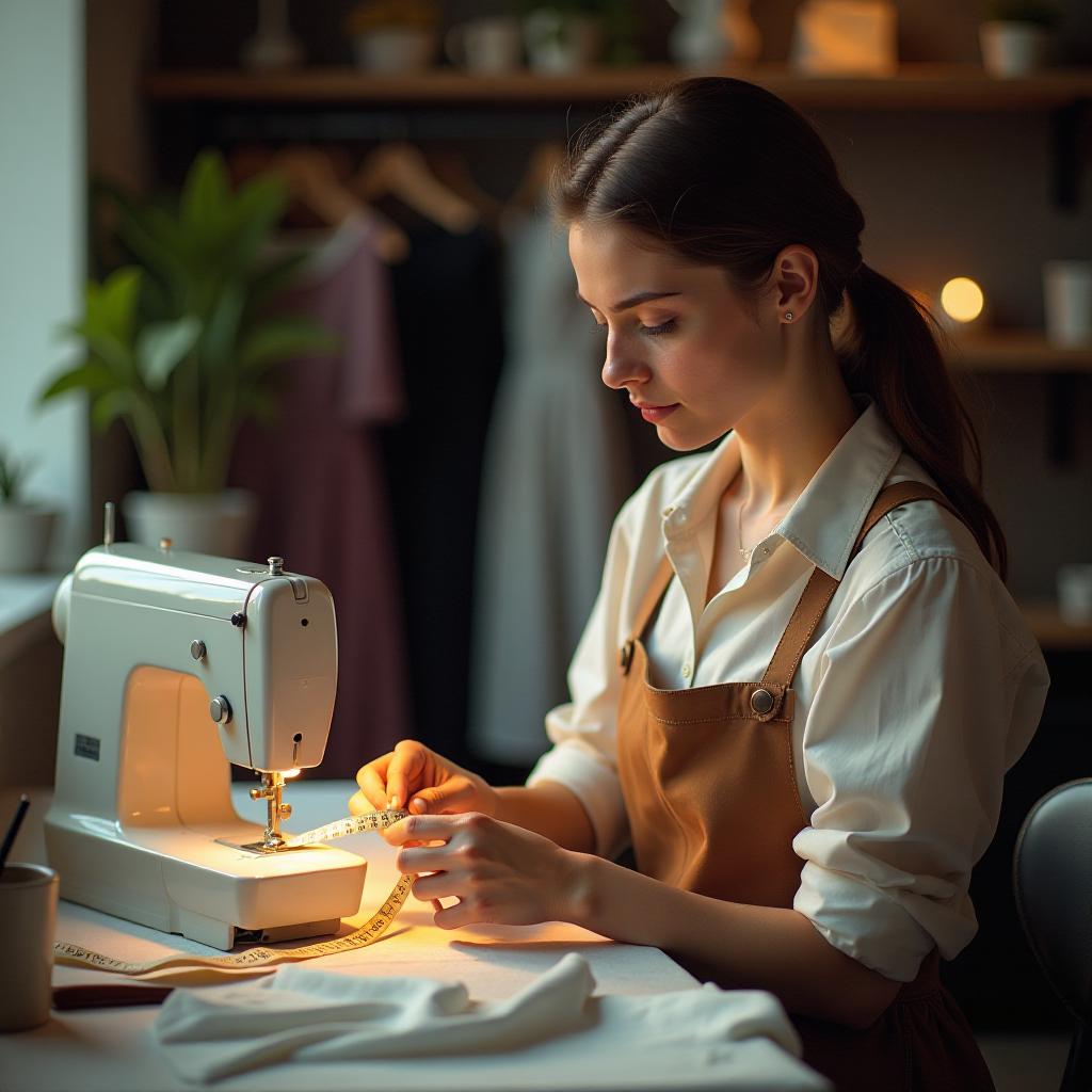  cinematic photo a girl professional seamstress, taking measurements from a client, measuring tape in her hands. professional atelier atmosphere, high quality, commercial photo. . 35mm photograph, film, bokeh, professional, 4k, highly detailed