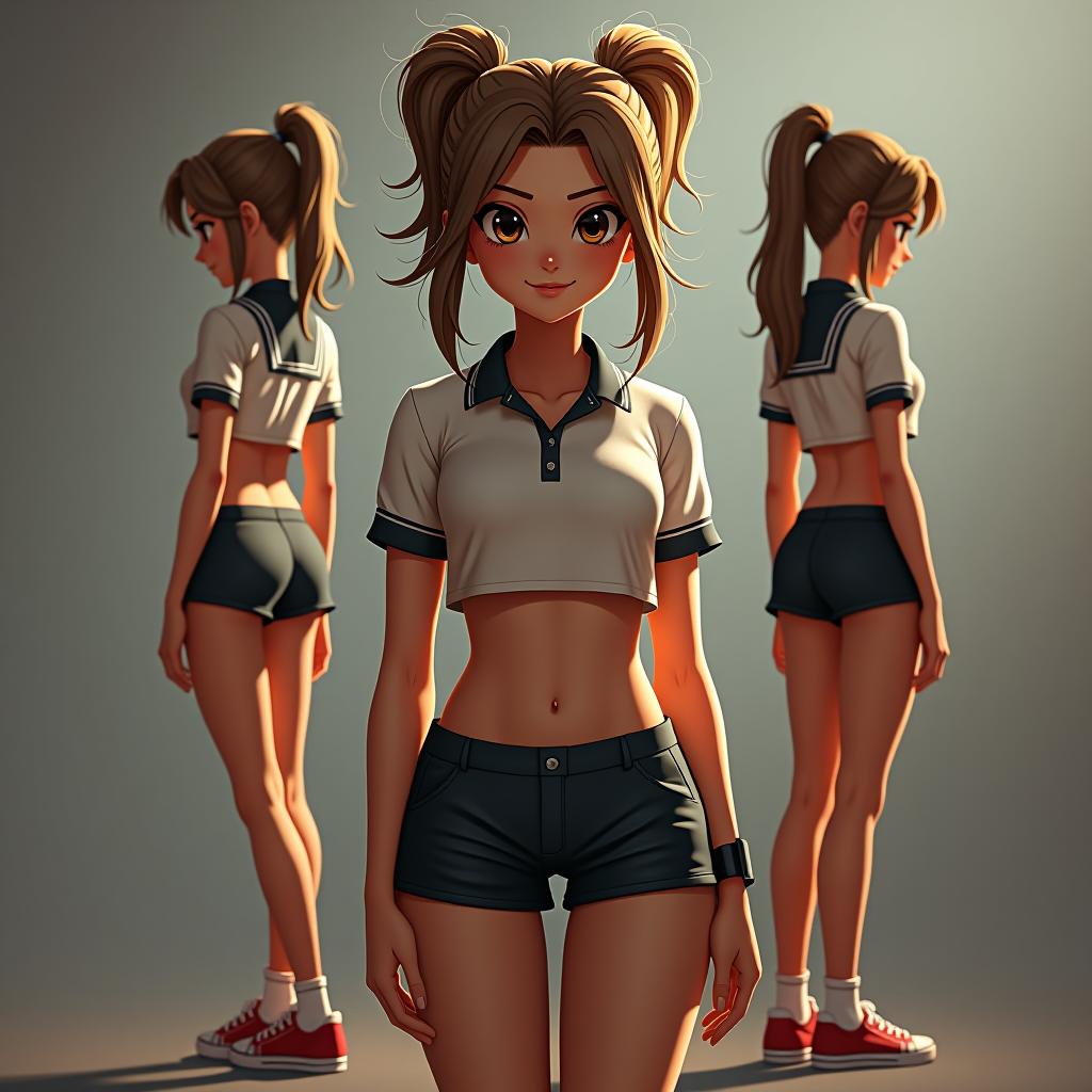  in full growth + highly detailed + schoolgirl + tanned skin + skinny + sport suit + long legs + ponytail hair + a sly squint + smile + smirk + l(character, front, side and back views concept art) + grant morrison style + artwork + colored + 8k + hdr hyperrealistic, full body, detailed clothing, highly detailed, cinematic lighting, stunningly beautiful, intricate, sharp focus, f/1. 8, 85mm, (centered image composition), (professionally color graded), ((bright soft diffused light)), volumetric fog, trending on instagram, trending on tumblr, HDR 4K, 8K