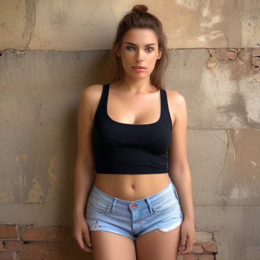 40ddd woman in low cut tank top and hot pants with Old Wall background