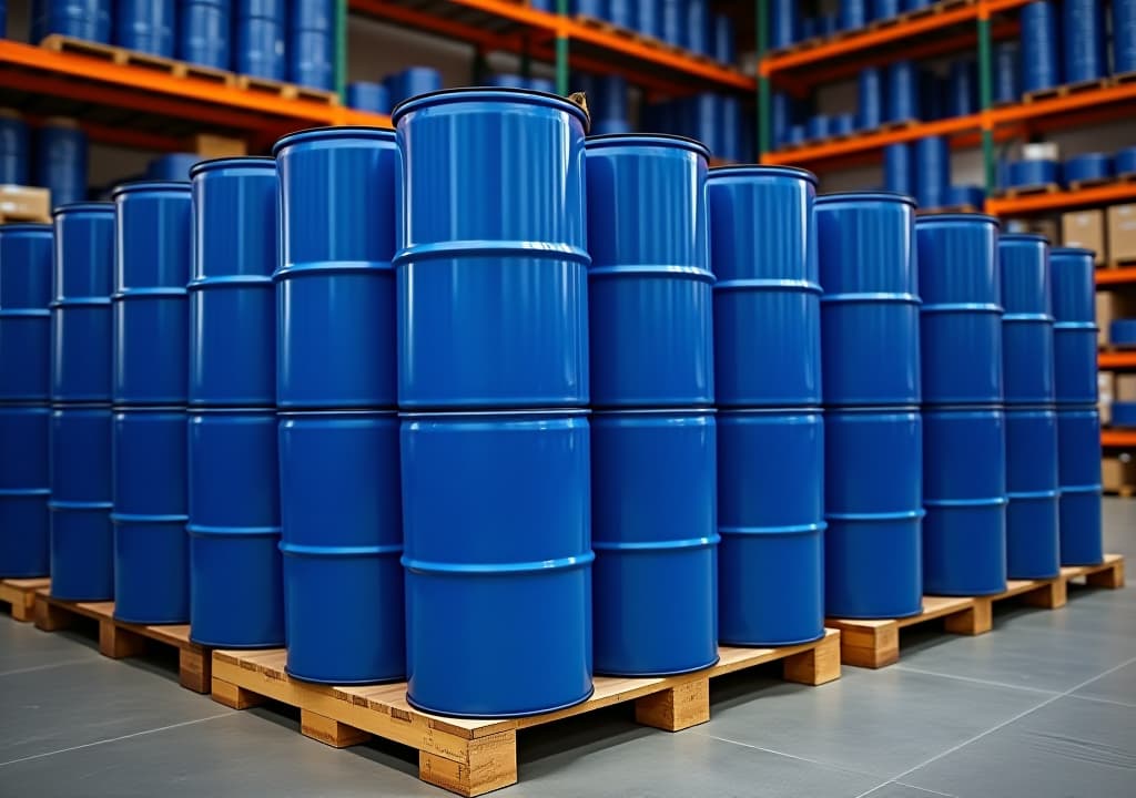  blue barrels stacked on pallet in a warehouse.