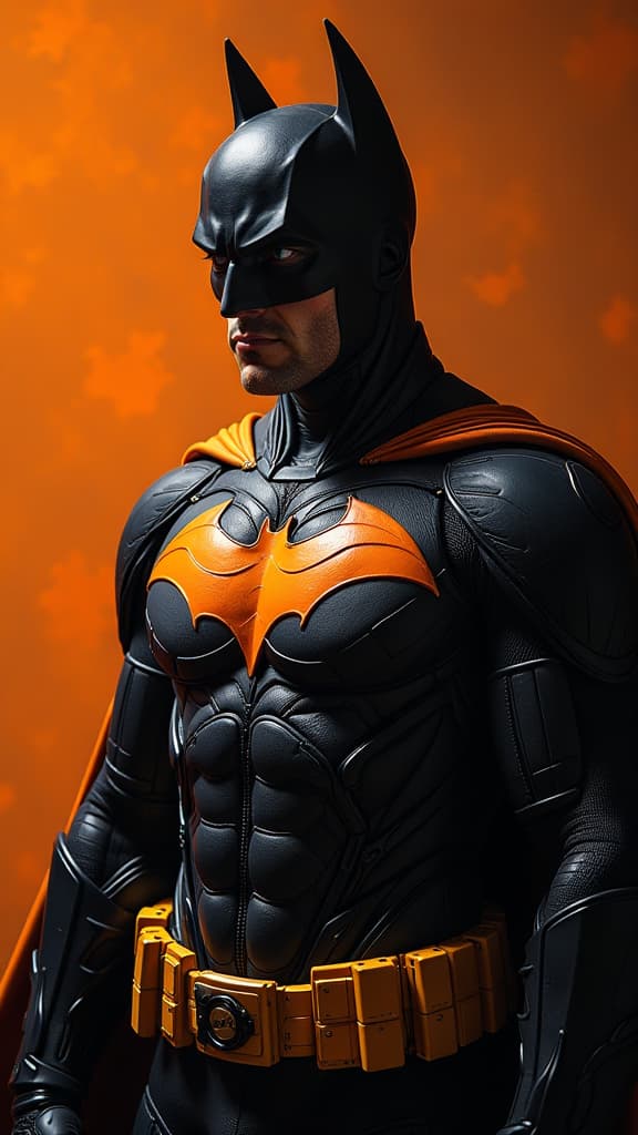  half orange half black plane face mask. half orange half black batman suit. half orange half black bat symbol on chest. half orange half black belt