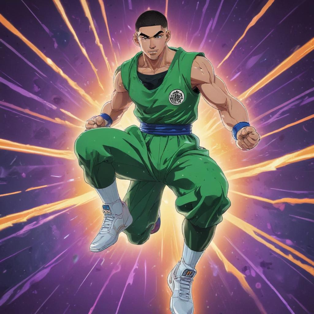 distance-shot, flashy, full-body, dynamic, holographic, animated cartoon poster of jayson tatum in the style of dragon ball super