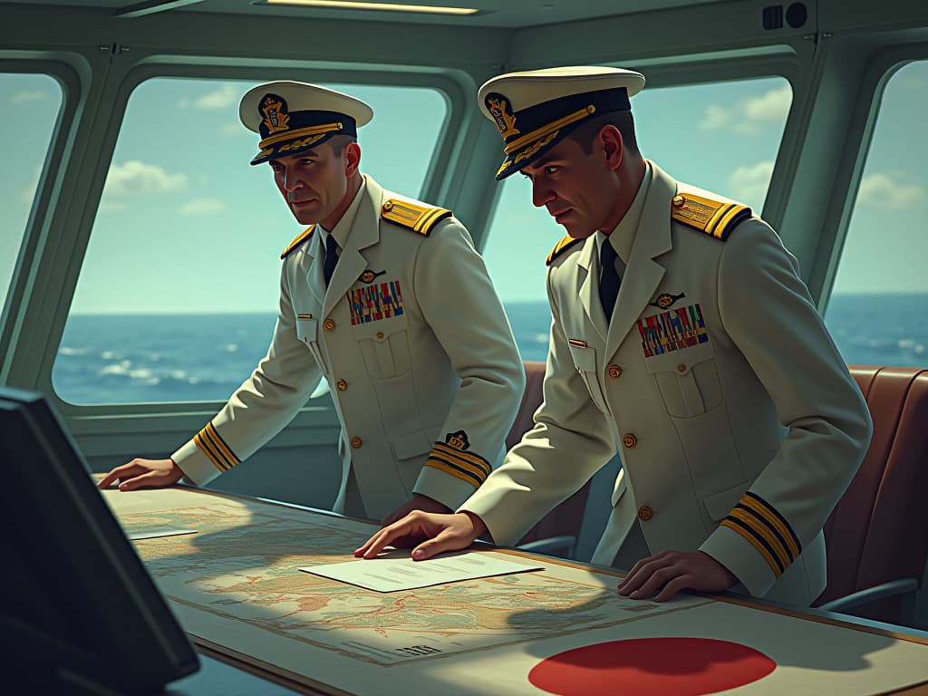  an artistic interpretation of the key naval commanders during the battle of the philippine sea, highlighting admiral raymond spruance of the united states and admiral shizaburo ozawa of japan. illustrate them on their respective command ships, surrounded by maps and strategic plans, embodying the tension and anticipation just before the battle. the artwork should reflect the historical context of 1944, with vintage military uniforms and a sense of impending conflict. hyperrealistic, full body, detailed clothing, highly detailed, cinematic lighting, stunningly beautiful, intricate, sharp focus, f/1. 8, 85mm, (centered image composition), (professionally color graded), ((bright soft diffused light)), volumetric fog, trending on instagram, trending on tumblr, HDR 4K, 8K