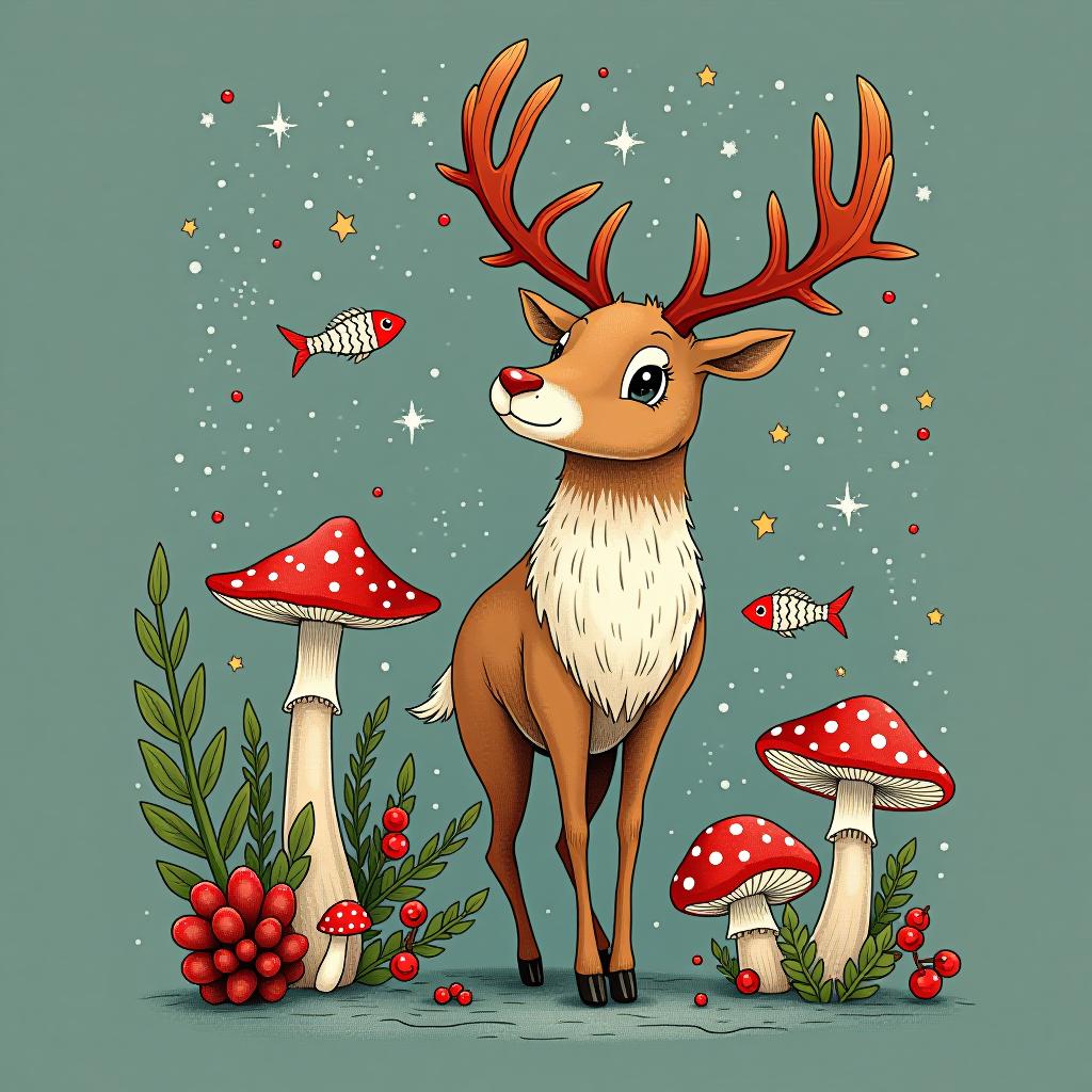  reindeer fish berty mushroom, (logo:1.15), hq, hightly detailed, 4k