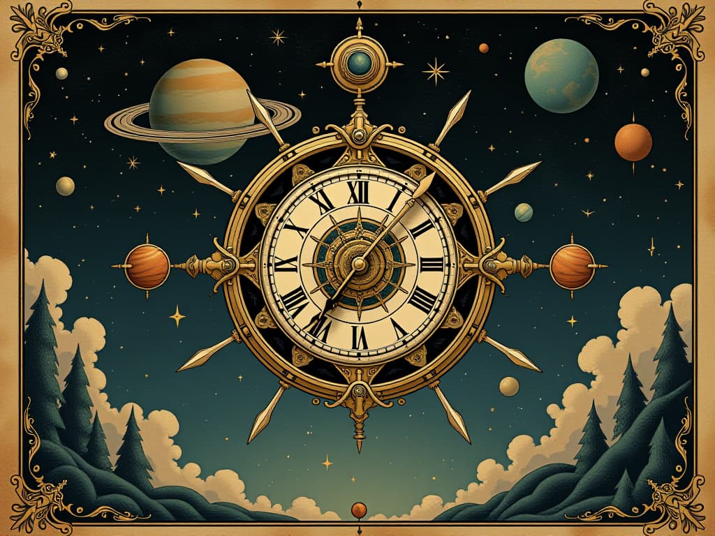  a grand celestial clock in the night sky, planetary bodies revolving around an elaborate, antique clock face, intricate celestial mechanics, galactic alignment, harmony in stars. an illustration in the style of a worn, mystical old tarot trump card, mysterious and elements of surrealism. the colors are muted, somber and eerie, but with contrast bring out an occult and esoteric vibe.