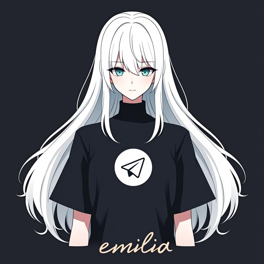  create an image of a character inspired by emilia from re:zero, featuring long white hair and an elegant appearance. the character should be wearing a shirt with the telegram logo, embodying peace and serenity. the design should be simple with a minimalistic background, and include the name 'emilia' in a stylish font