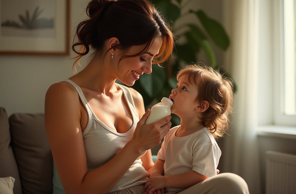  real estate photography style mother lovingly feeding her with a bottle of milk, theo prince style , tousled hair, muscular inner , paul hadley, joy hester, impressionist, fashion ilration, figurative neo expressionism ar 2:3 stylize 250 v 6 ar 3:2 . professional, inviting, well lit, high resolution, property focused, commercial, highly detailed