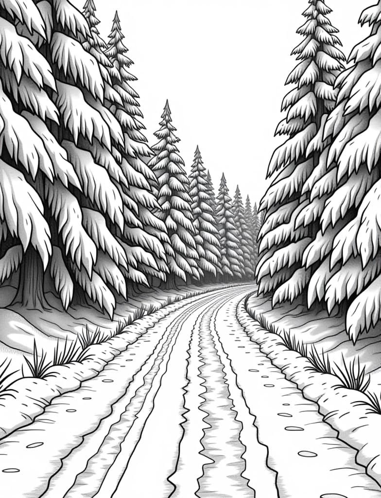  this is for an adult coloring page. a detailed black and white line art of a snowy snow covered road winding through a snowy forest on a solid white background.