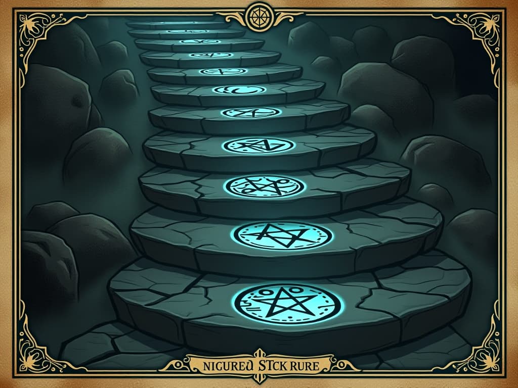  steps on a stone path, ancient symbols etched into each step, glowing with faint blue light, mystical and grounded. an illustration in the style of a worn, mystical old tarot trump card, mysterious and elements of surrealism. the colors are muted, somber and eerie, but with contrast bring out an occult and esoteric vibe.