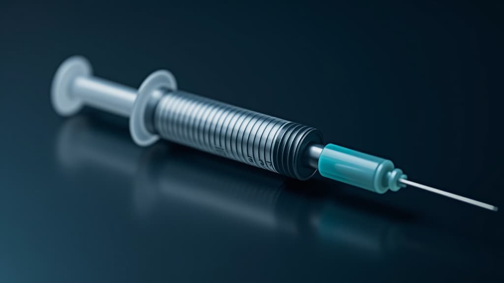  close up of metallic syringe on dark background for medical and vaccination themes. detailed syringe with reflective surface highlighting healthcare equipment.