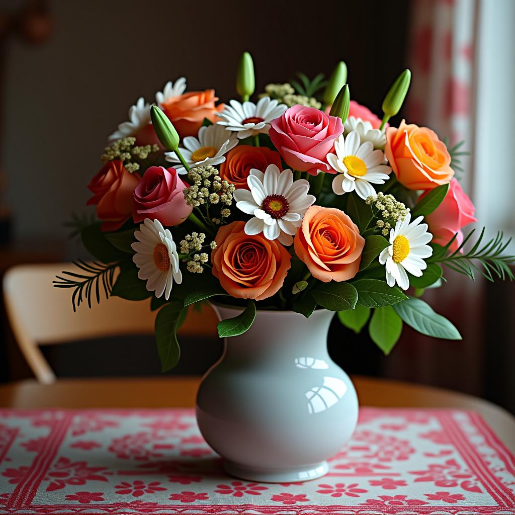  a bouquet of flowers in a vase on the table in russian folk style.